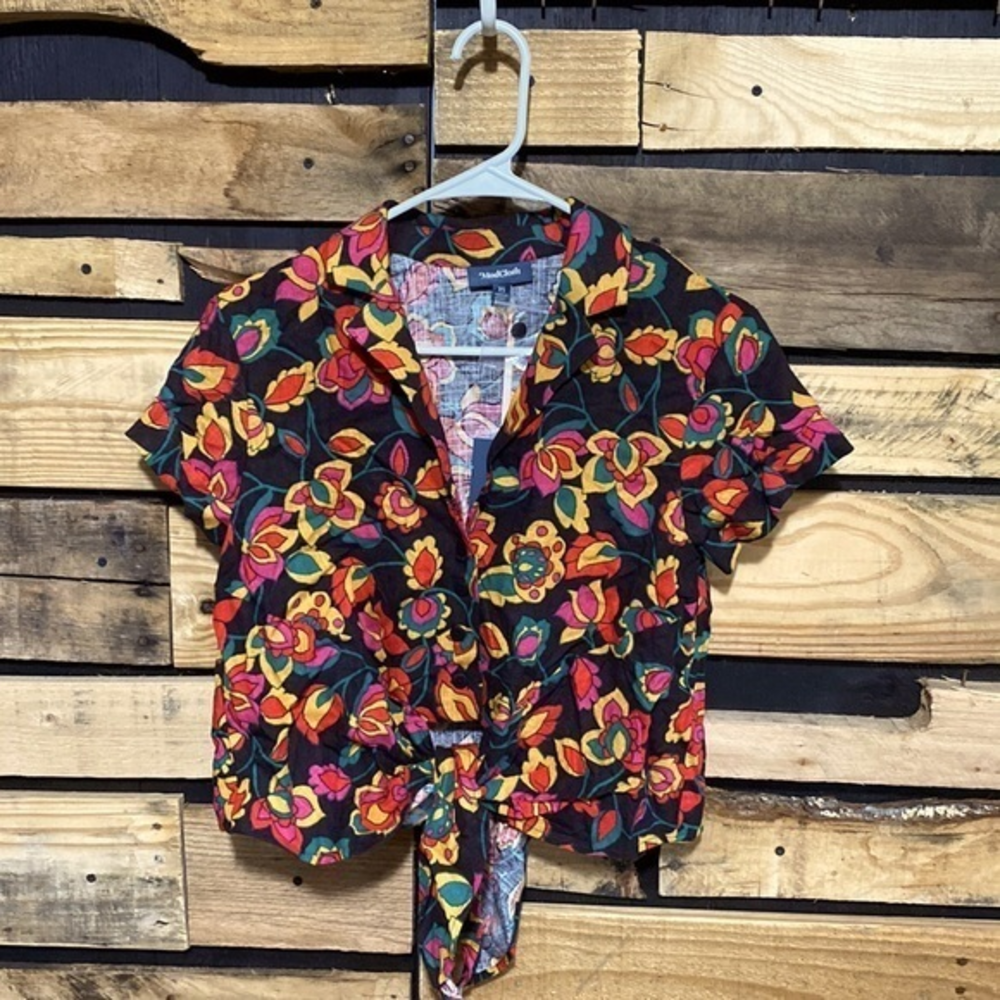 NWT Modcloth Retro Style Front Tie Linen Blend Cropped Button Down Shirt XS